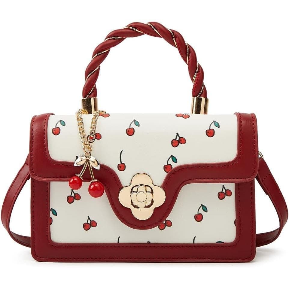 Bolsa de Ombro Transversal Feminina de Couro Vegano com Estampa de Cereja, Linda e Fashion, Pequena Bolsa de Mão, Bolsa