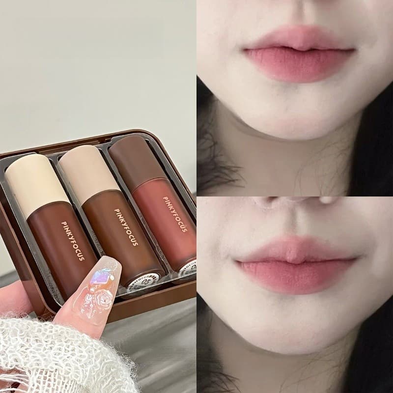 PinkyFocus 3 Tons Desfoque Macio Conjunto De Lama Labial Veludo Fosco Esmalte Feminino Diário Cosmético