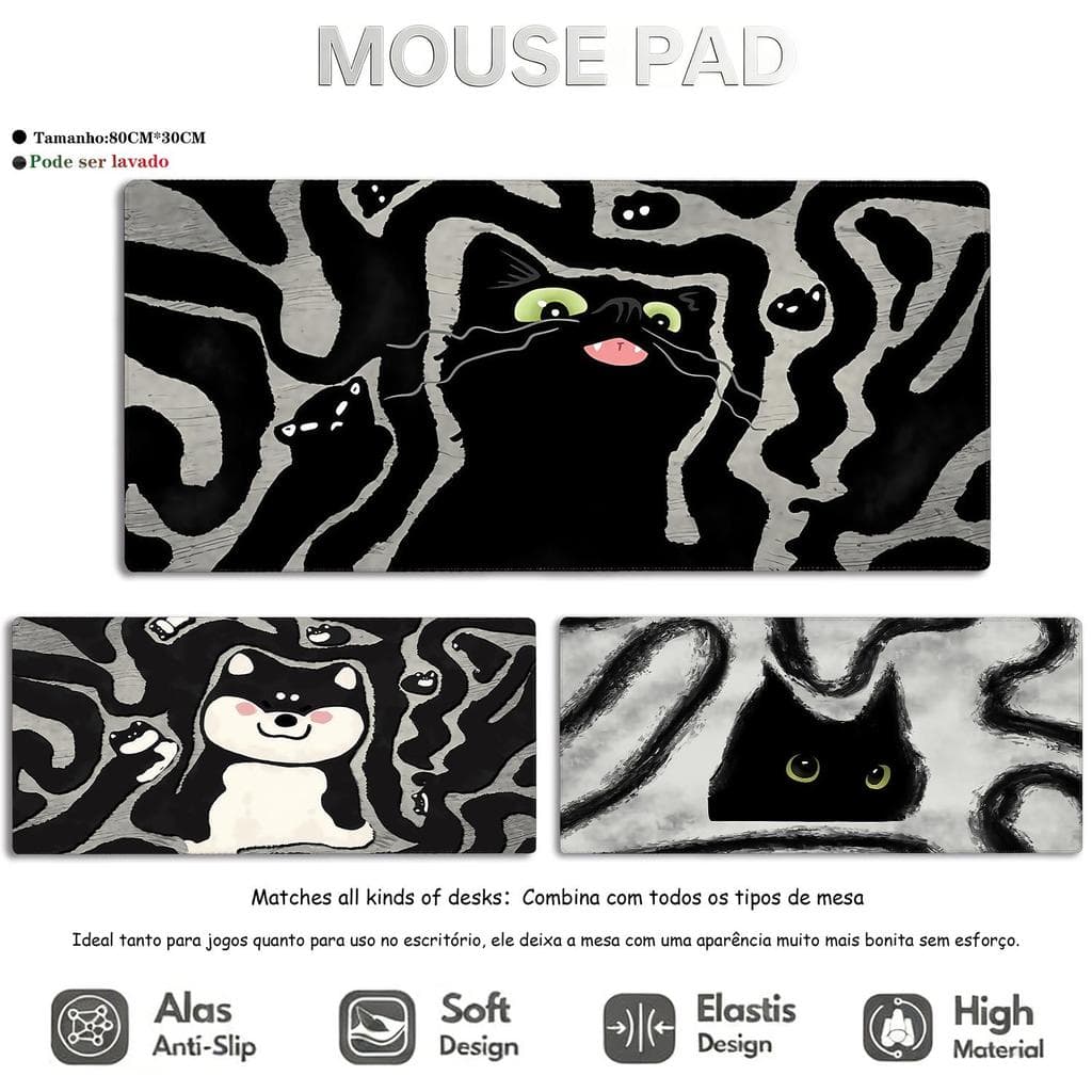 Mouse Pad Antiderrapante Tapete de Mesa com Design Anime Gato em Arte Linear Mousepad Gamer Aesthetic XL 80×30cm