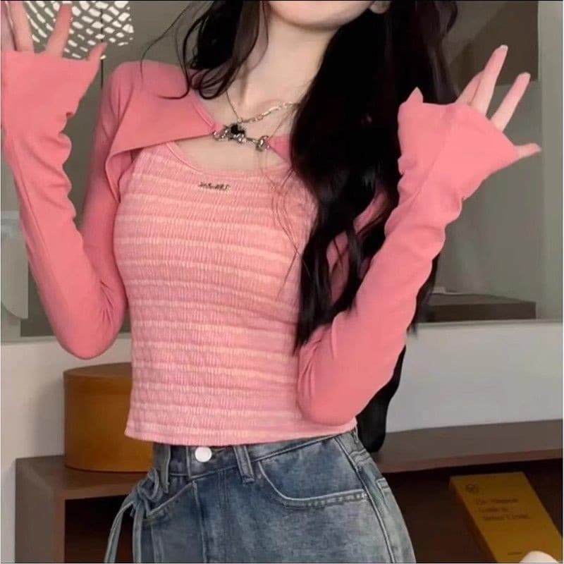 [Novo estilo] nicho doce manga comprida estilingue camiseta feminina outono cintura estreita mais magro olhar curto topo
