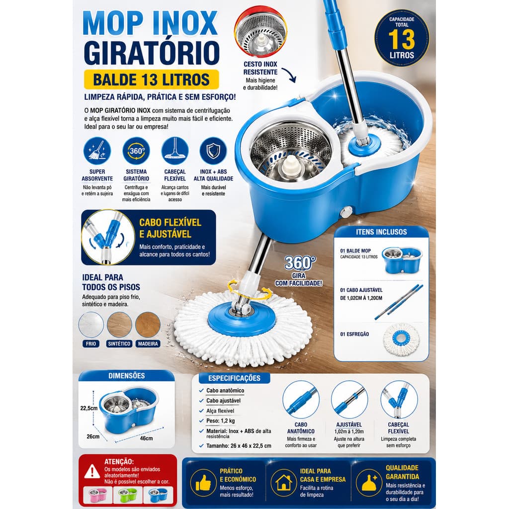 MOP INOX Giratorio (13 LITROS GRANDE) CABO FLEXIVEL SUPER ABSORVENTE Envio Aleatorio
