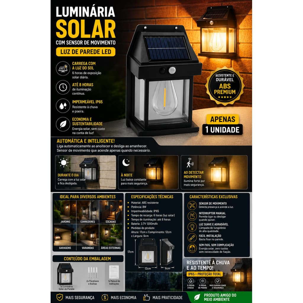 Luminaria Solar Com Movimento Sensor Luz De Parede Lâmpada LED