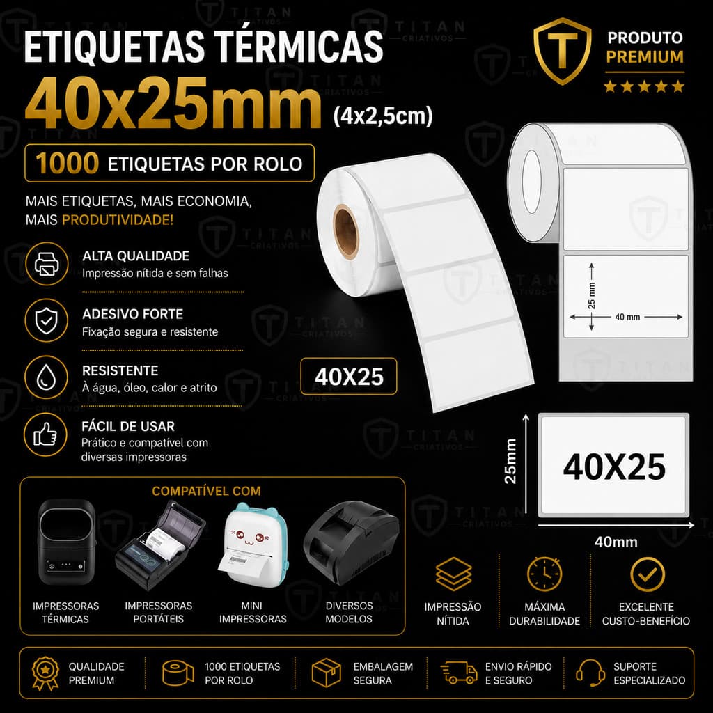 Bobina Etiqueta Térmica Adesiva 40x25mm 1000 Etiquetas