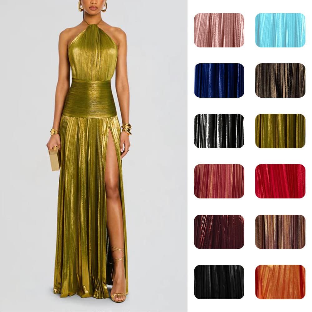Europeu americano halter pressionado feminino fenda rendas vestido metálico halter pescoço sem mangas