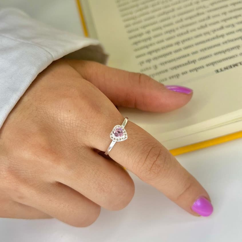 Anel Solitario Zirconia Coração Prata 925