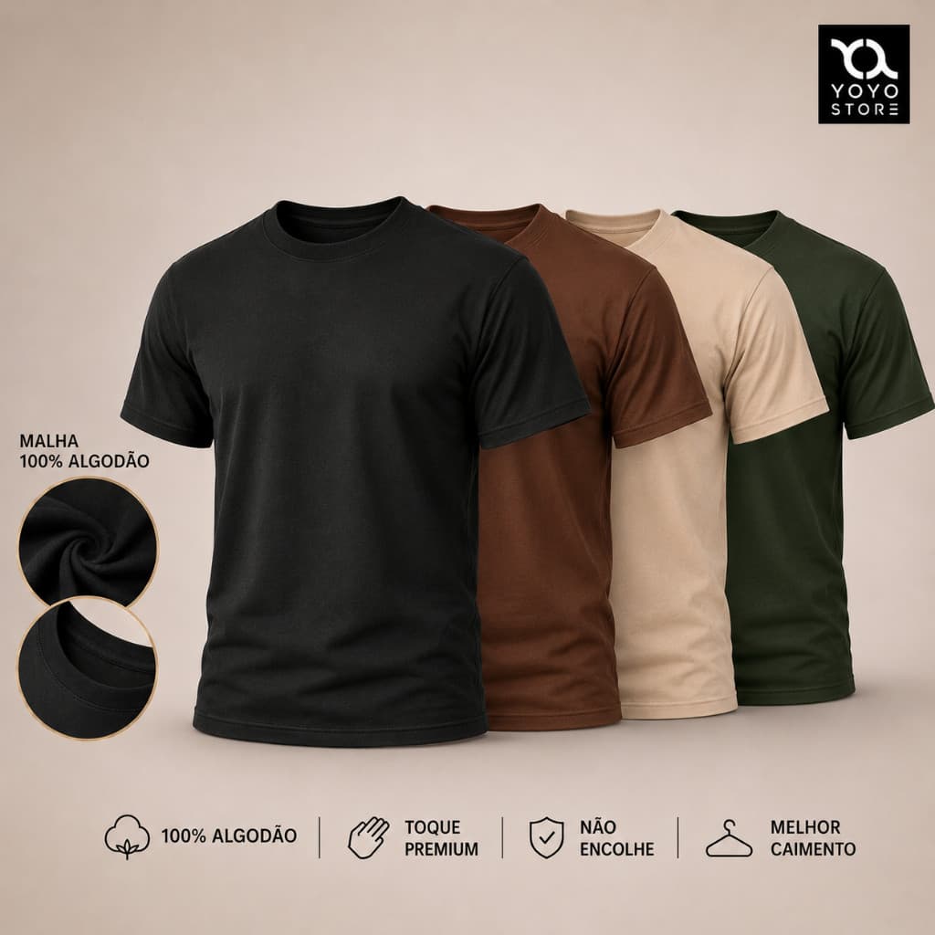 Kit 4 Camiseta Dia a Dia 100% Algodão Básica Premium Varias Cores Lisa Confortável Macia Leve Respirável P ao G3