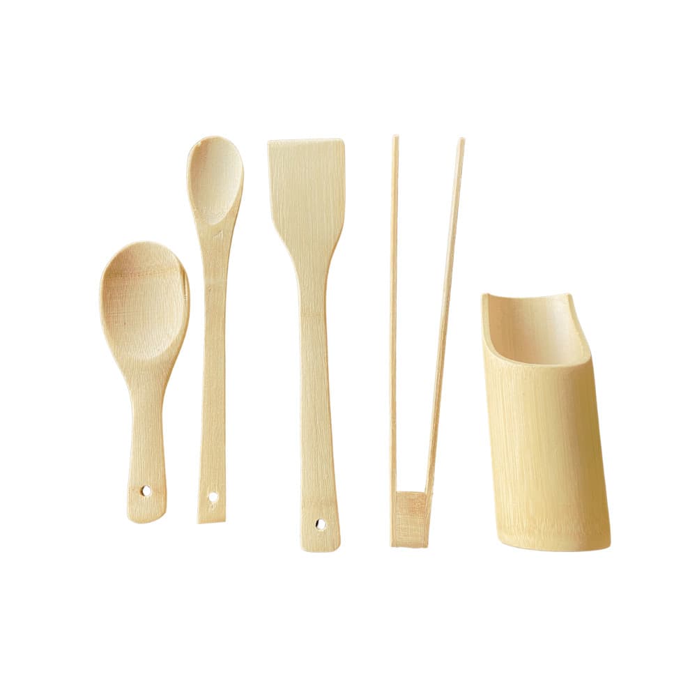 Kit Utensílios de Cozinha em Bambu 5 Peças Colheres, Espátula e Pinça