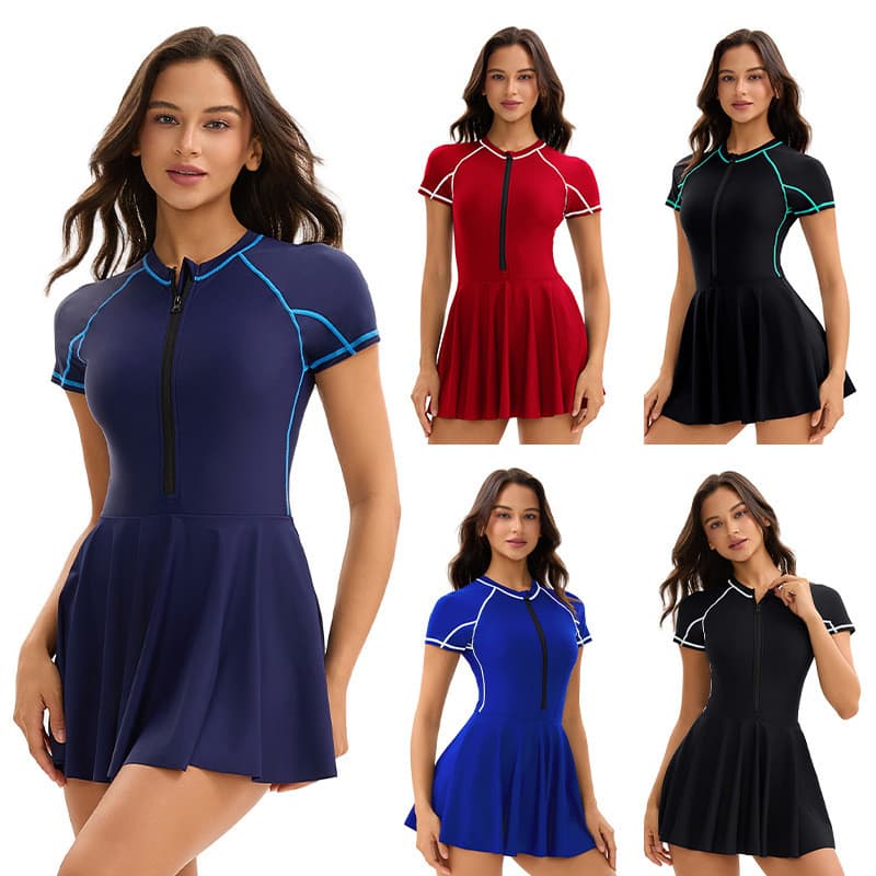 Maiô feminino de manga curta, novo estilo 2026, roupa de banho atlética com blocos de cor e corte triangular ajustado.