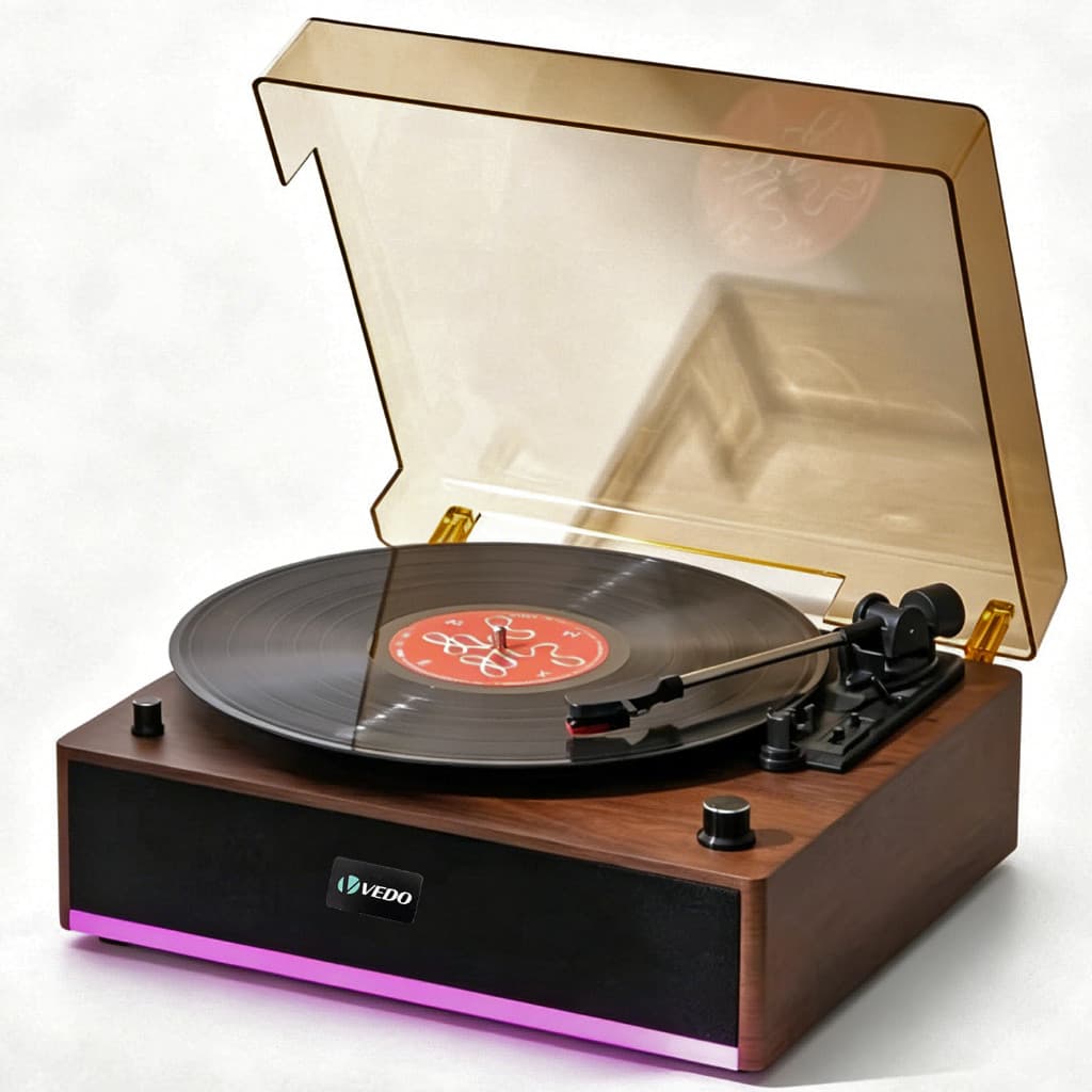 Gira-discos VEDO com alto-falantes, estilo retrô, acionamento por correia, 3 velocidades, reprodução via Bluetooth, fone