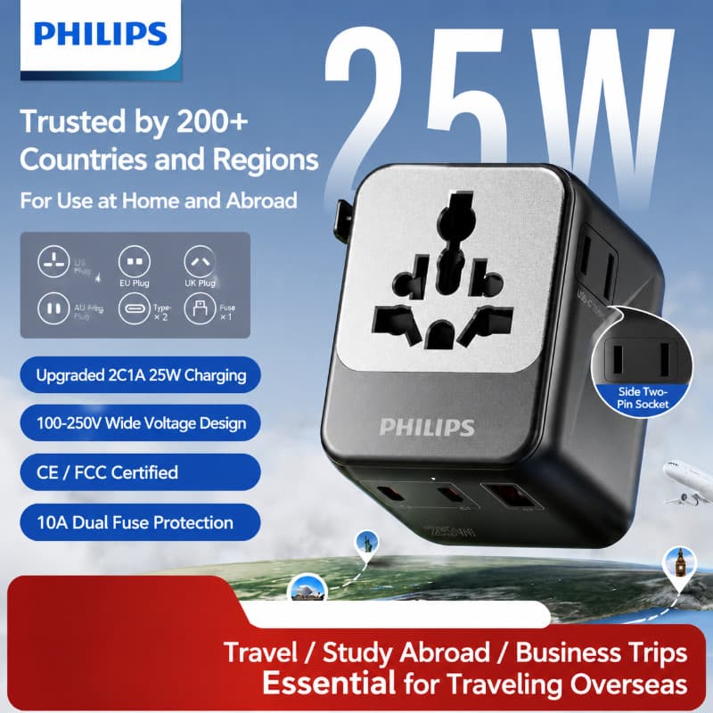 Adaptador De Viagem Universal Philips SPN1614B , Carregamento Rápido De 25 W 2 Tomadas Ca 2 USB-C 1 A Plugue Retrátil Ue