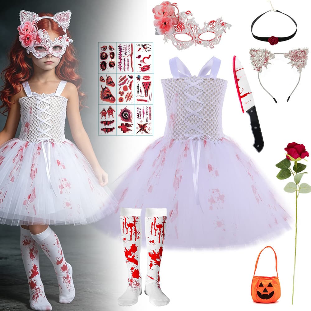 Halloween Meninas Fantasma Noiva Traje Sangrento Branco Tule Tutu Vestido Carnaval Assustador Zumbi Vestir-Se Truque Ou