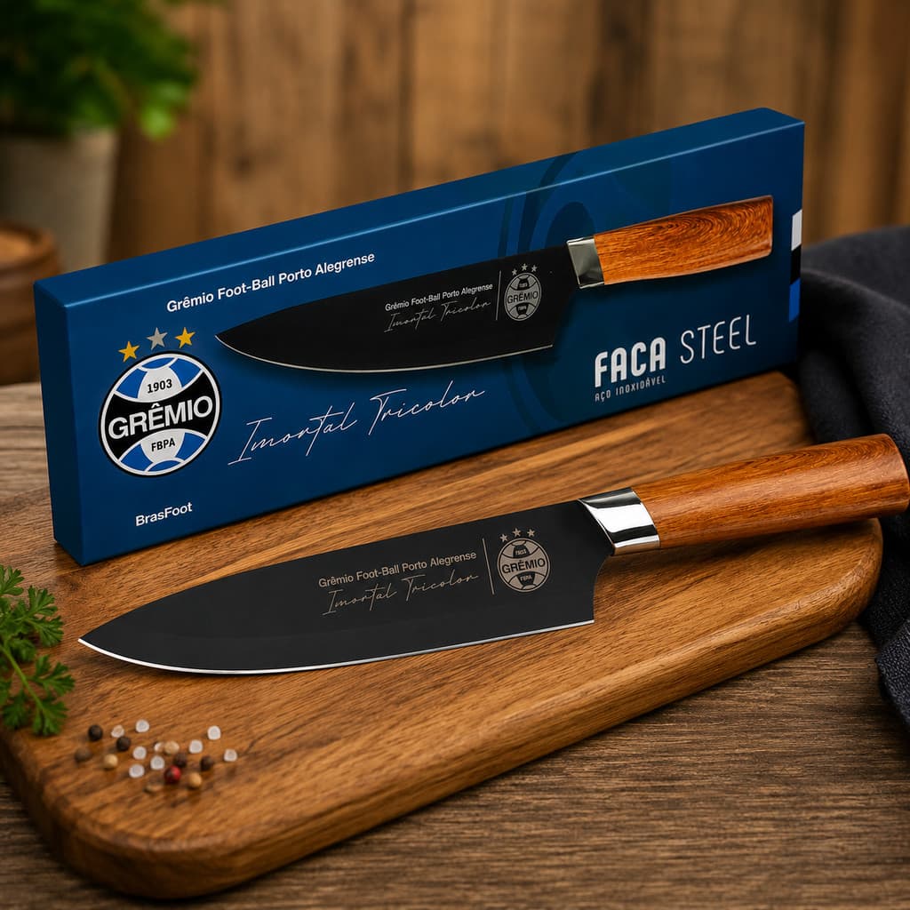 Faca Grêmio Aço Inox Cabo Madeira Churrasco Oficial Dia dos Pais Presente Decorativo Gremista Bar