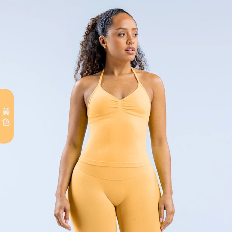 Colete esportivo de gola halter sem costura, elástico alto, completo, justo com almofada no peito, lindo colete de ioga