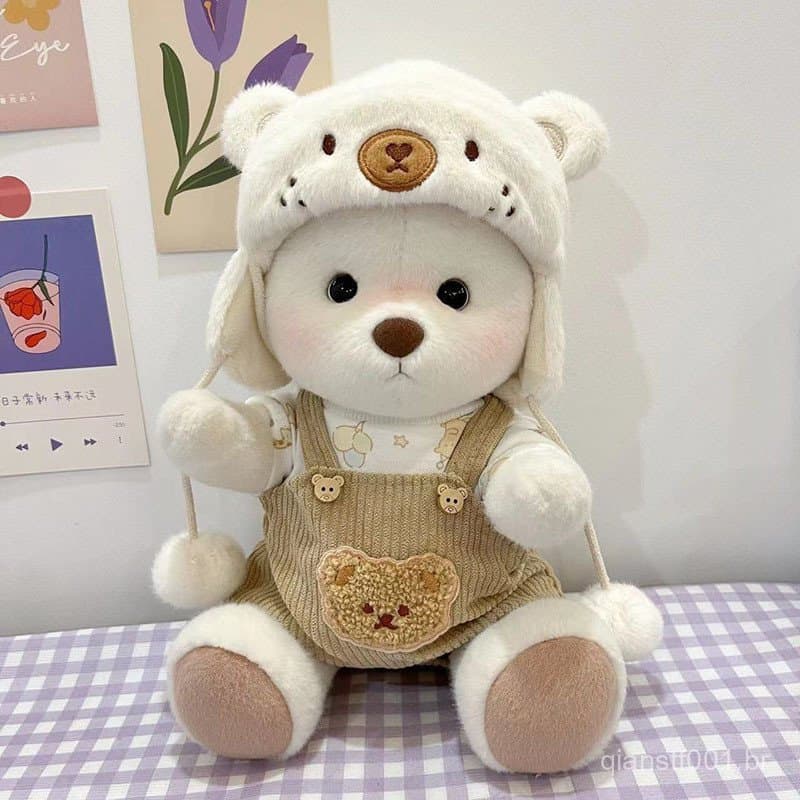(Apenas Roupas) 30cm Médio Lena Knuckle Bear Urso Branco Bola Cap Macacão Conjunto Teddy Plush Toy Outfit