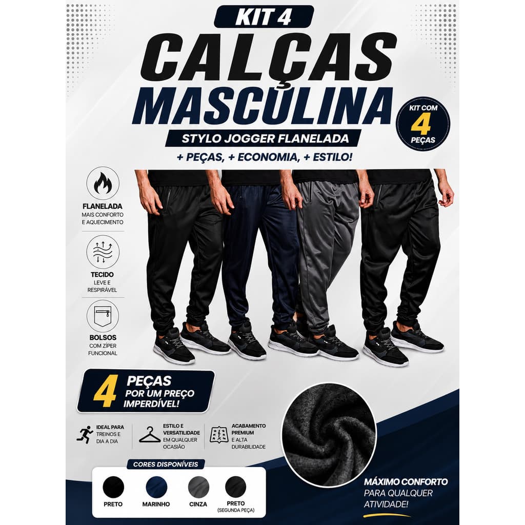 Kit 4 Calças Masculinas Jogger Esportivas Linha Premium Com Faixas Refletivas
