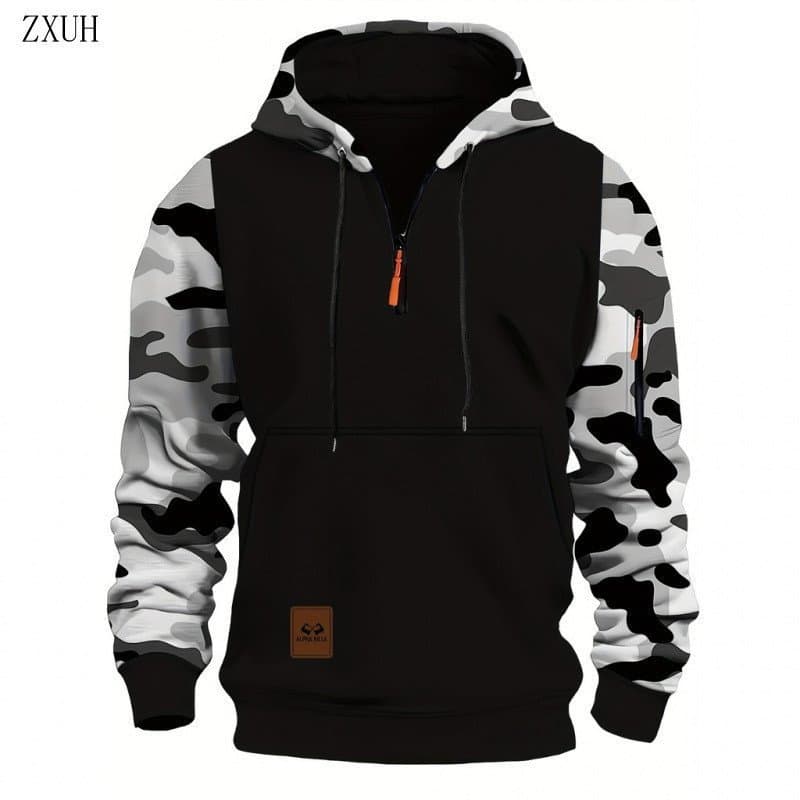 Moletom Masculino com Capuz e Meio Zíper em Estampa Camuflada - Preto e Branco, Moletom Casual com Capuz UDW3
