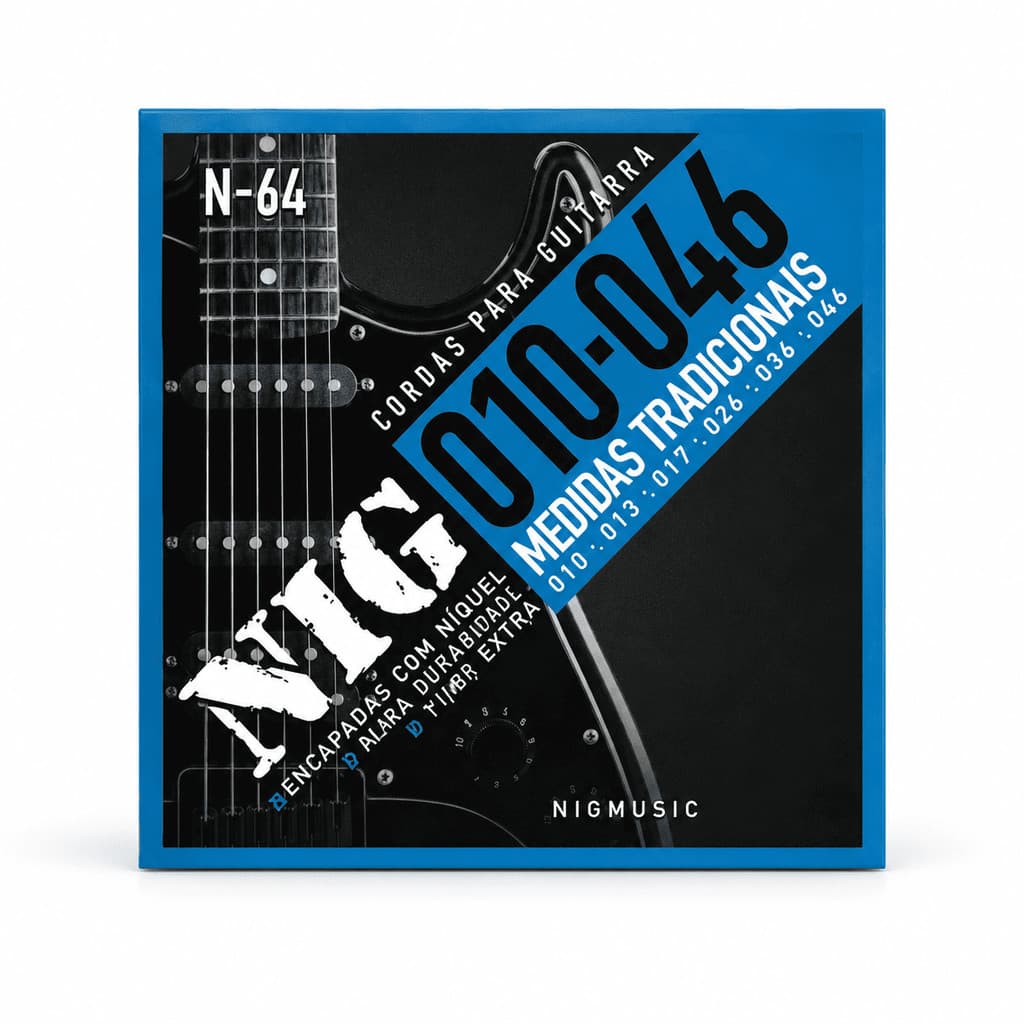 Encordoamento Guitarra NIG N64 010 046 Aco Niquelado Alma Hexagonal Medidas Tradicionais Jogo Cordas
