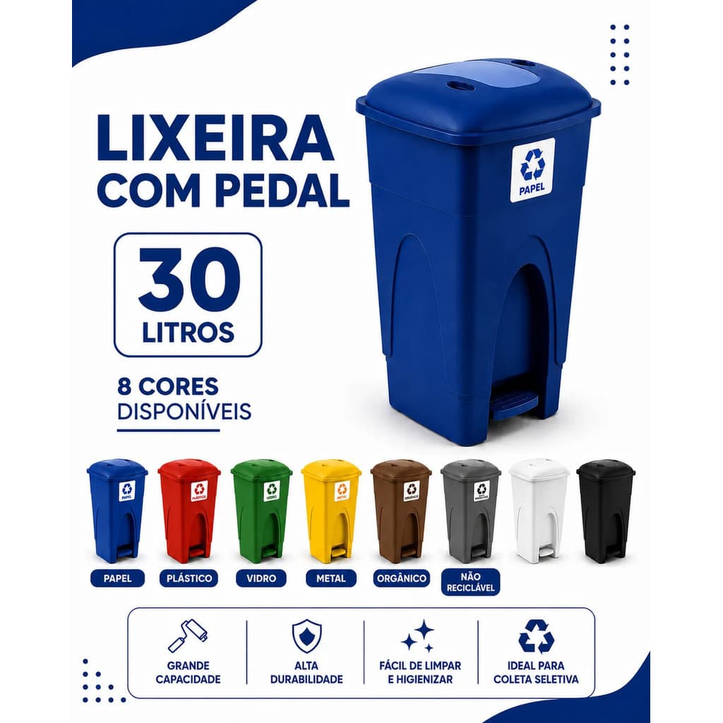 Lixeira Reciclável 30L com Pedal Multicores Coleta Seletiva Cesto de Lixo Uso Cozinha Banheiro Escritório Escola Empresa