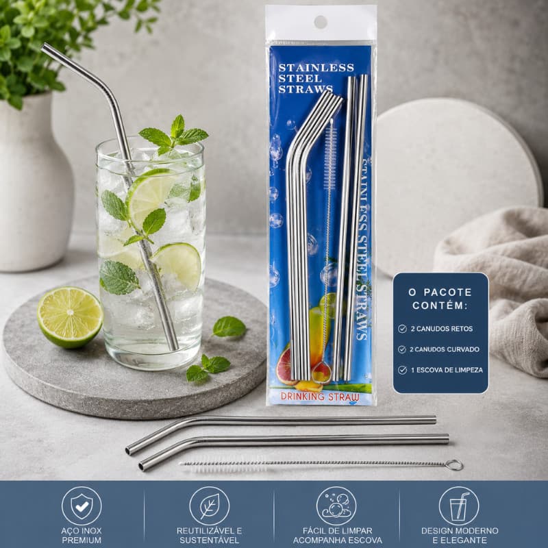 Kit 4 Canudos + 1 Escova de Limpeza inox reutilizável ecológico 5 Peças WL-2728