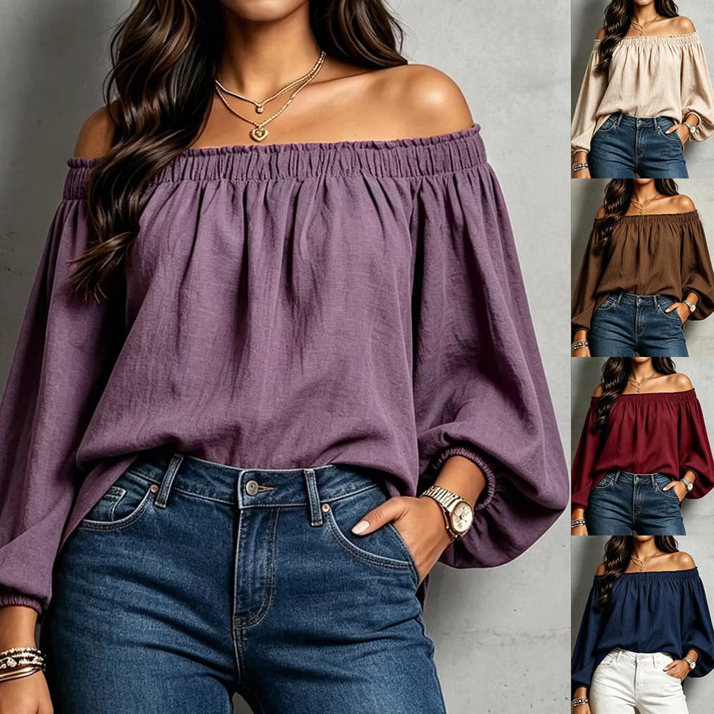 Blusa Feminina Fora Do Ombro Manga Longa Lanterna Balão Manguito Smocked Decote Solto Ajuste Cor Sólida Elegante Casual