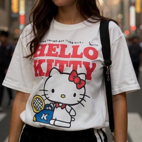 Camiseta Feminina 100% Algodão Premium Hello Kitty Gola Redonda Manga Curta Toque Macio