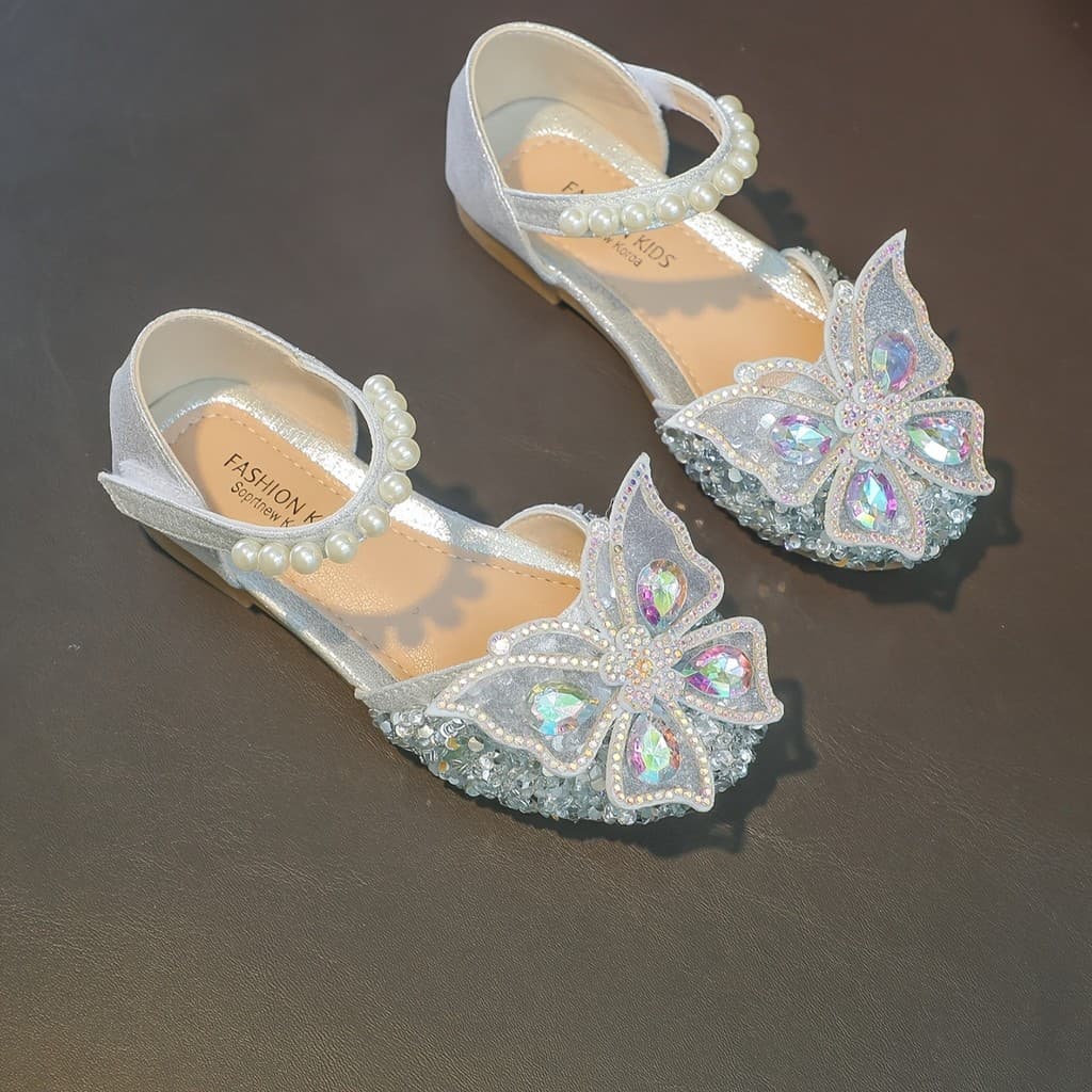 Sapatos Baixos Macios Decorados Com Pérolas , Borboletas De Strass Brilhantes E Fofas Para Meninas , Sandálias Leves Res