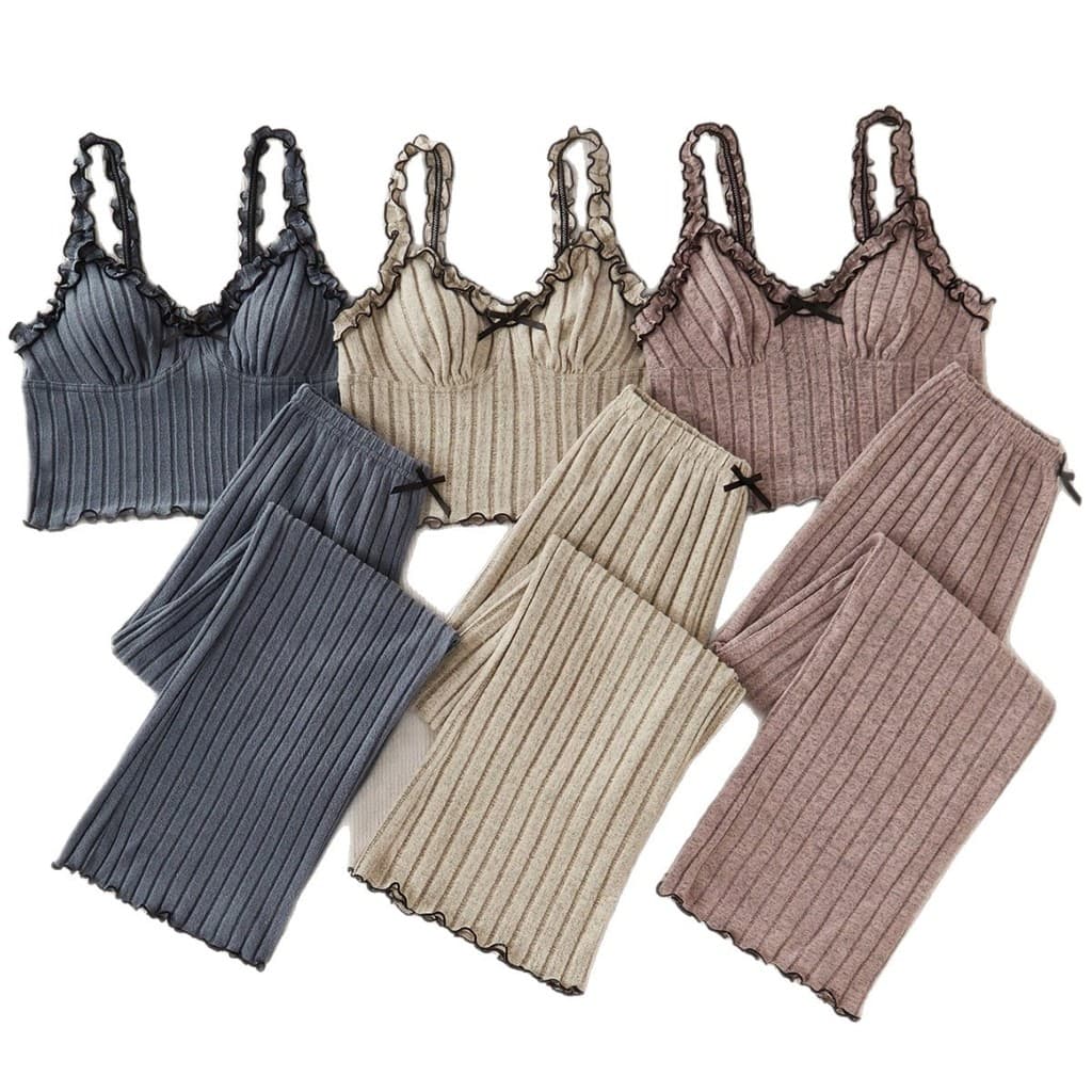 Pijamas femininos muito vendidos com laço, bordas com babados, camisola listrada e calças compridas, conjunto para uso d