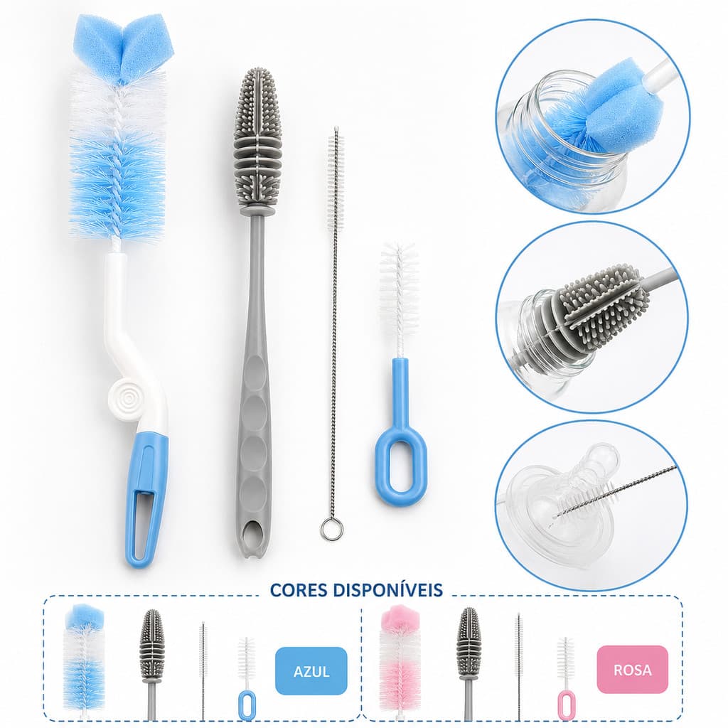 Kit Com 4 Escova para Mamadeira Bico e Garrafas Termica Copo de Vidro Limpeza