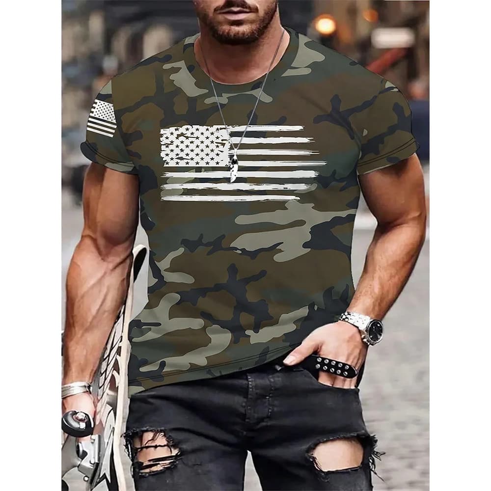 Camuflagem 3D Impressão Camiseta Moda Hip-Hop Estilo De Rua Masculino Casual Tripulação Pescoço Verão Solto Ajuste Manga
