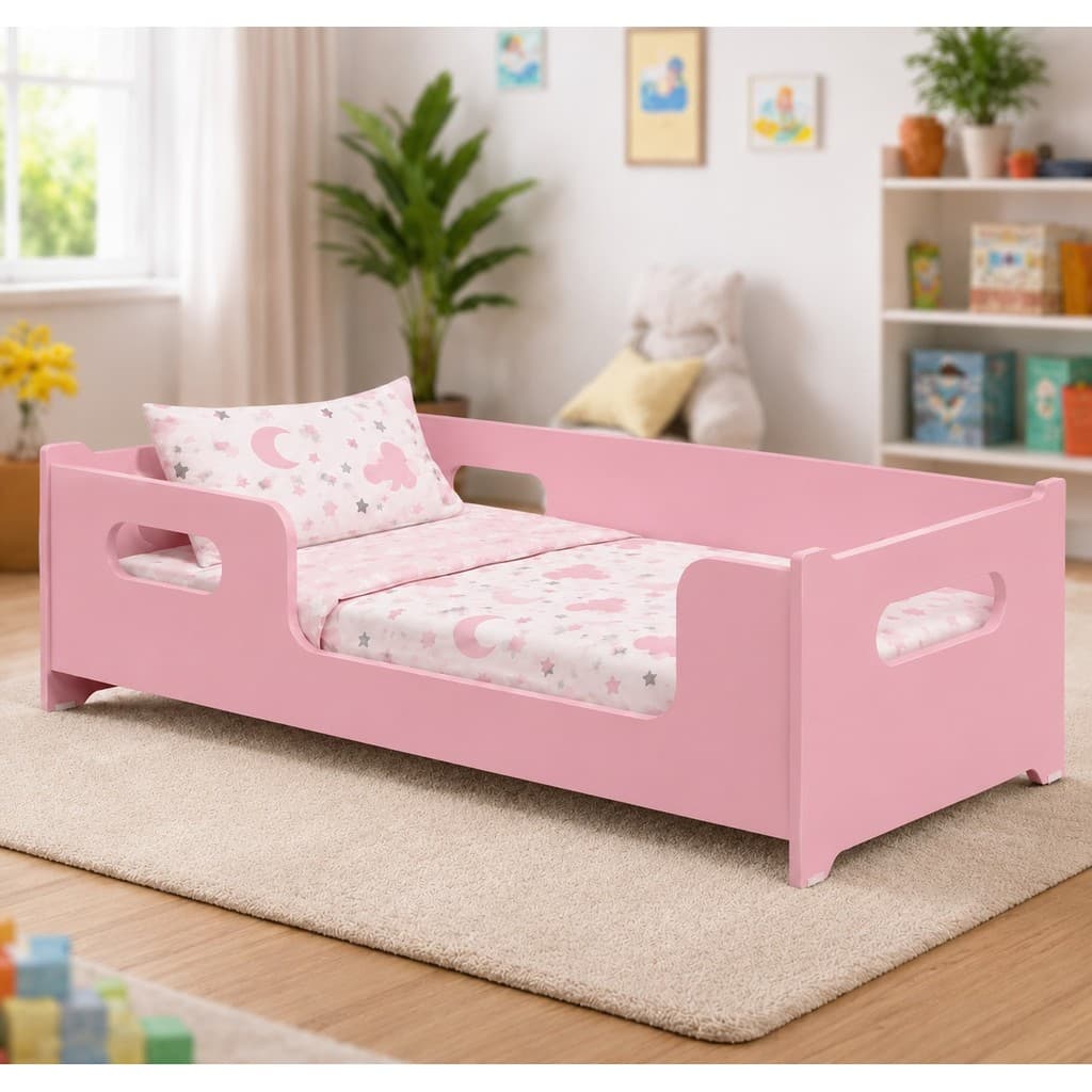 Cama Encanto Infantil Modelo Montessoriana Compacta Com Grade De Proteção Segura Cor Rosa Quarto De Menina Docel Em MDF