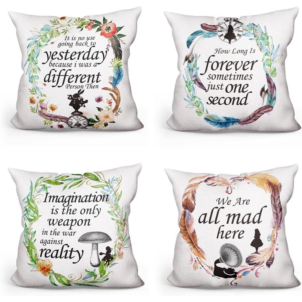 Conjunto de 4 Capas de Almofada com Citações de Alice no País das Maravilhas, Capa de Almofada Fofa de Linho, Decoração