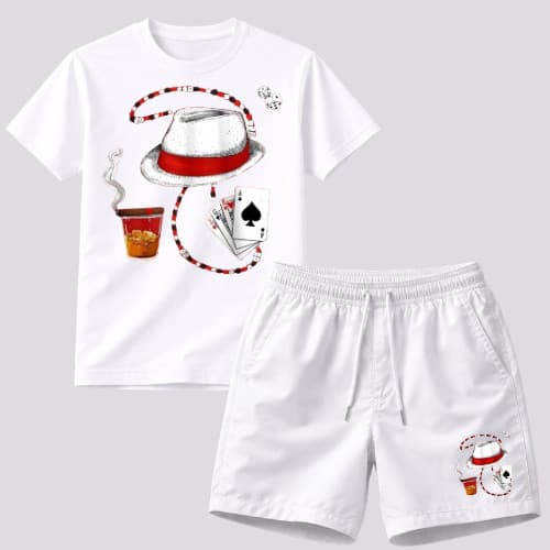 Kit Camiseta e Bermuda Religiosa Umbanda Malandros Zé Pilintra Algodão Premium 30.1 Penteado 043