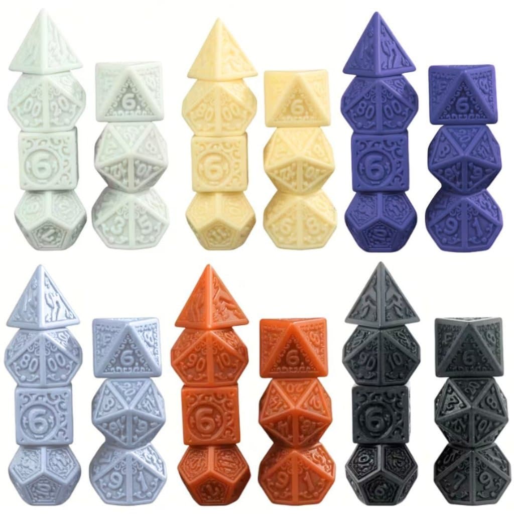 Kit 7 Dados de RPG Poliédricos Runas Arabescas Monocolor | Conjunto D4 ao D20 em Relevo DnD