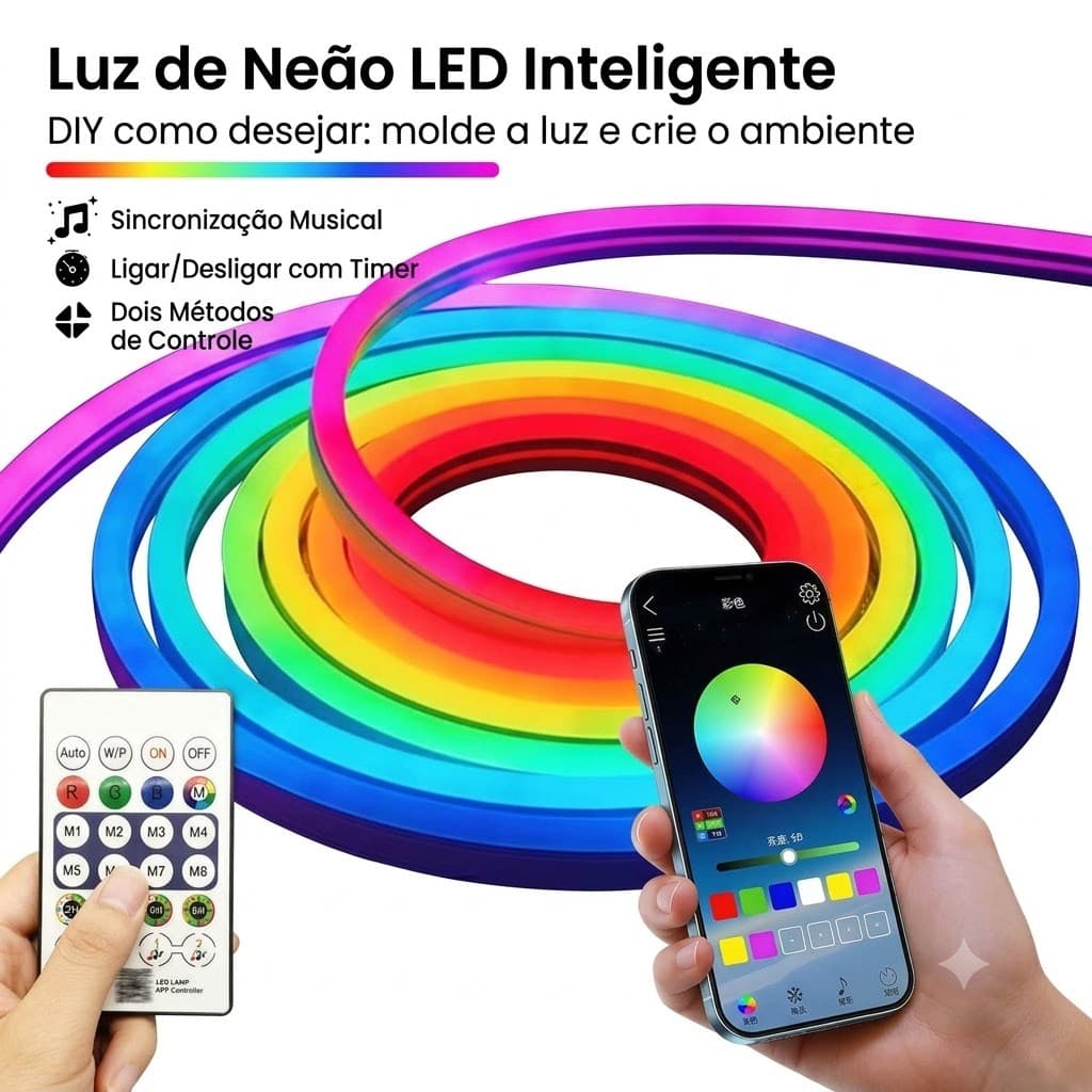 Fita de LED Neon RGB 5 Metros Controle por APP Celular e Controle Iluminação Inteligente Rítmica USB IP68 à Prova D'Água
