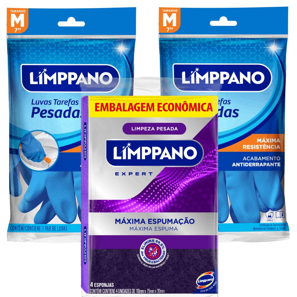 Kit 2 Luvas Tarefas Pesadas M + 1 Esponja Maxxi com 4 und
