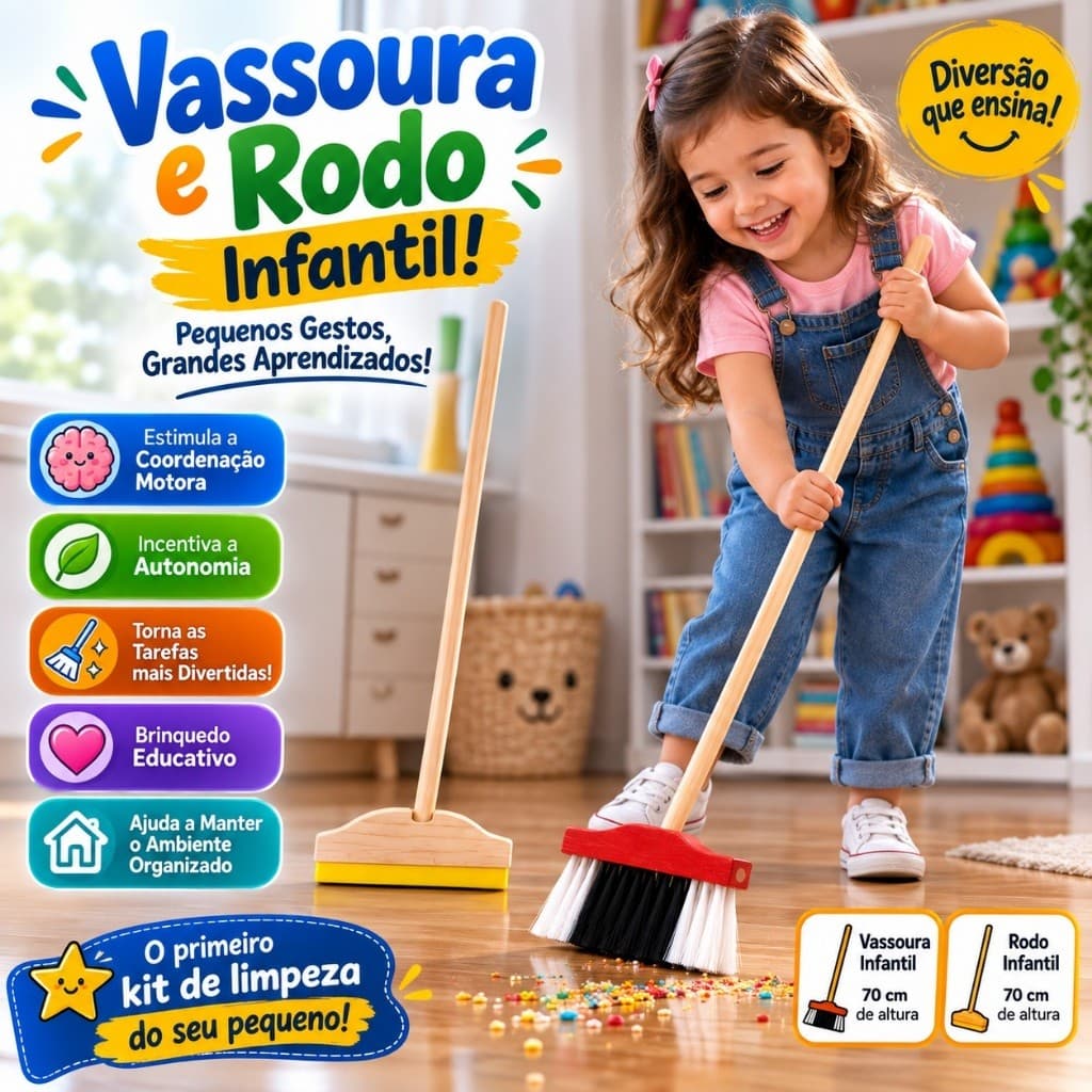 Kit Limpeza Vassoura Rodo De Madeira Infantil Brinquedo para criança