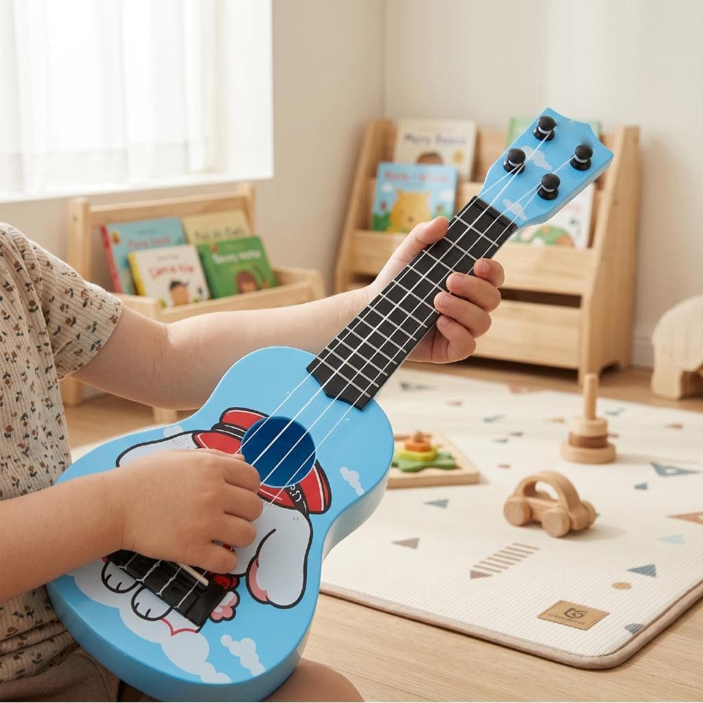 Pinkdayone-BR Brinquedo de guitarra jogável para crianças, desenho animado, ukulele de 4 cordas, aprendizagem