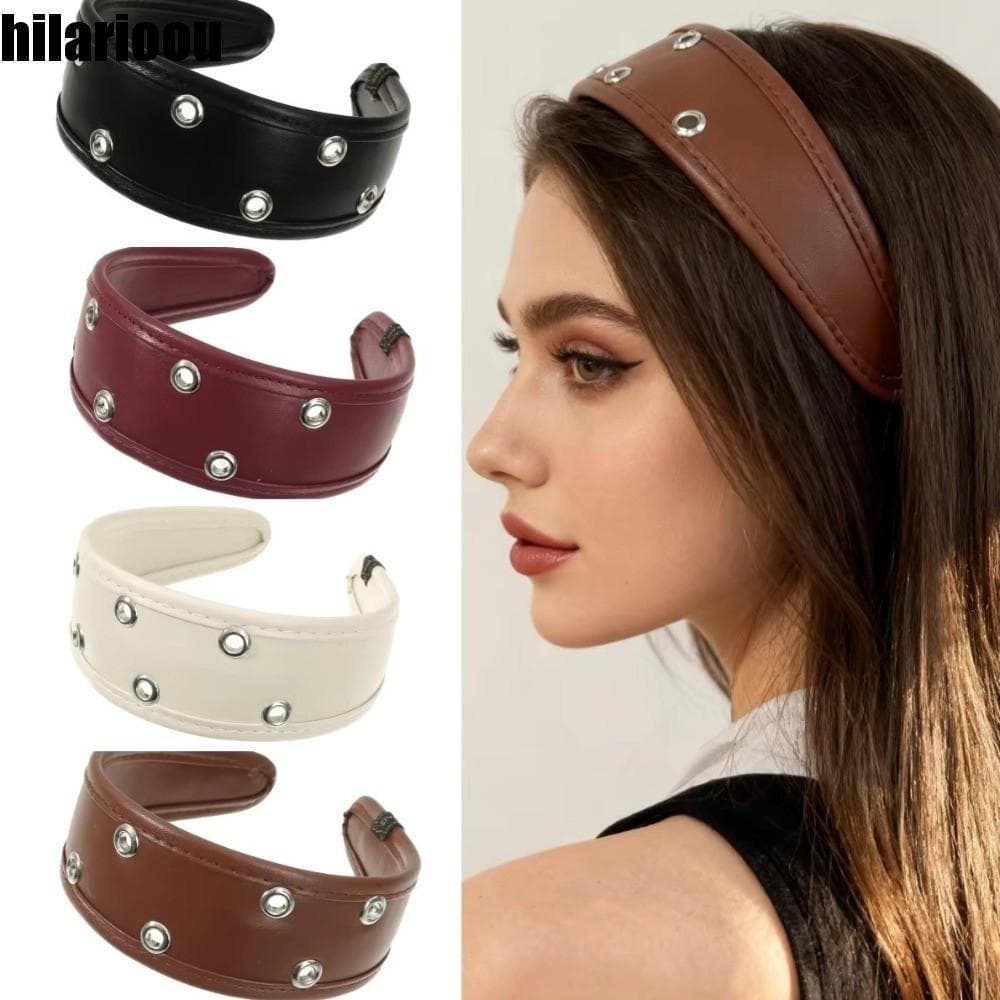 HILARIOOU Headwear Com Rebites De Metal , Acessório De Cabelo Punk , Faixa De Cabeça De Couro , Argola Anel Oco Preto E