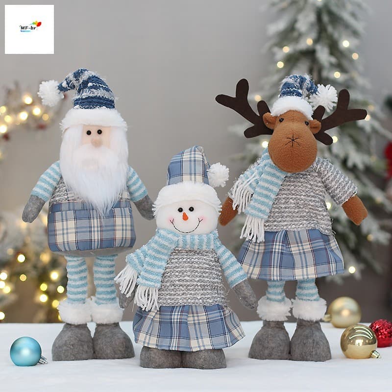 Boneca De Natal Retrátil Em Tecido Azul-Decoração De Férias De Alce De Boneco De Neve