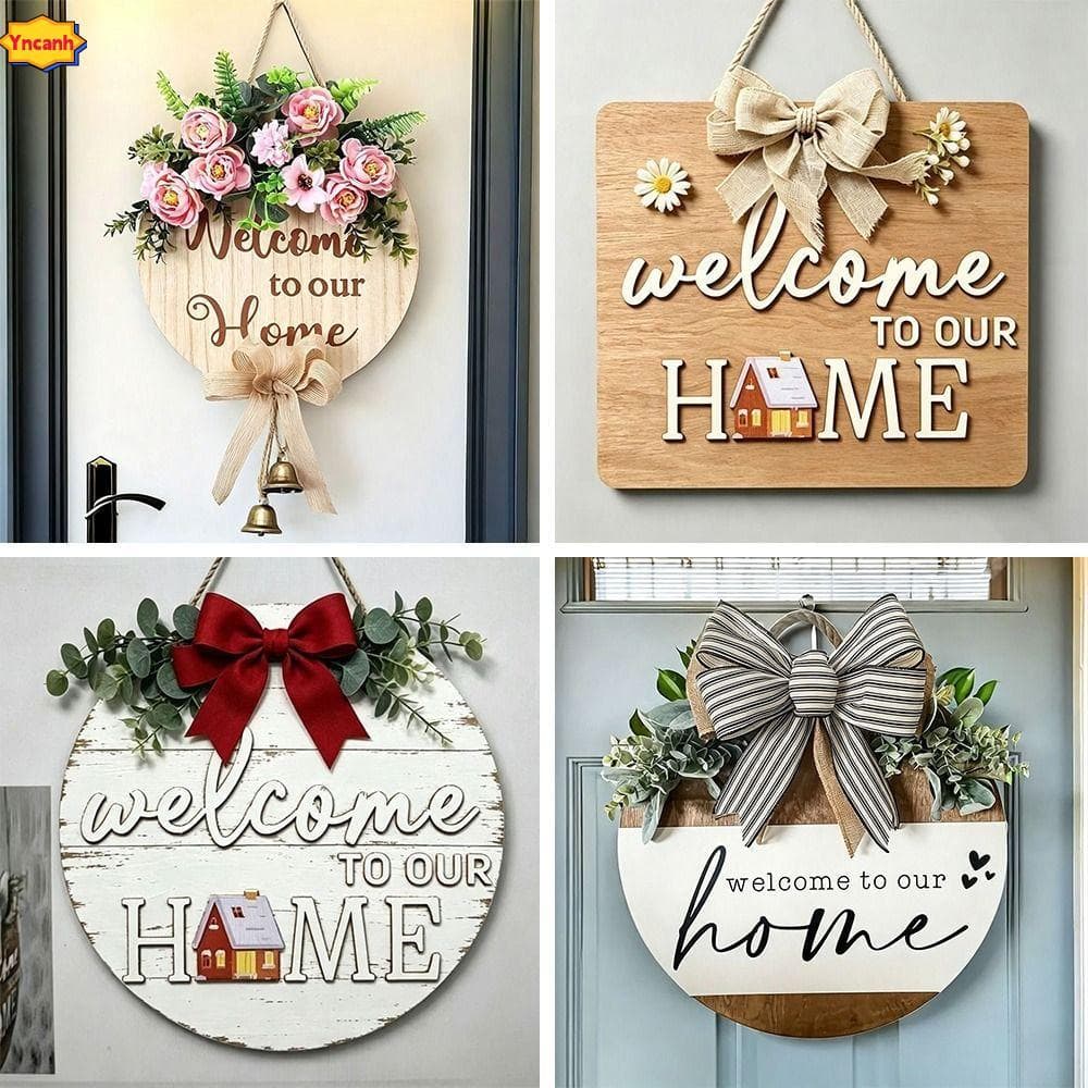 Sinal De Boas-Vindas YNCANH , Porta Com Padrão Floral Plano 2D , Placa Suspensa De Arco Sólido