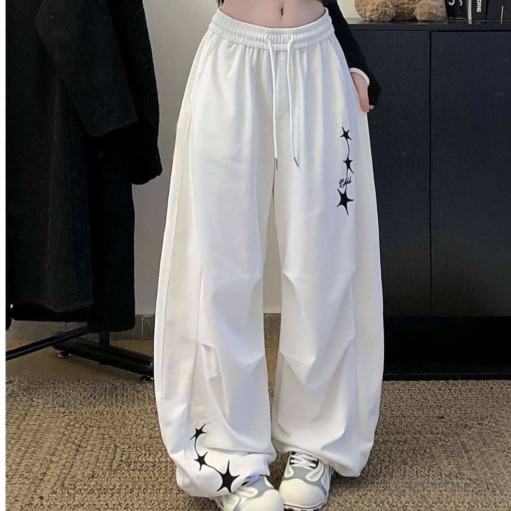 Calça Feminina Baggy Branca Estrelas Moda Gringa Streetwear Alternativa Y2K