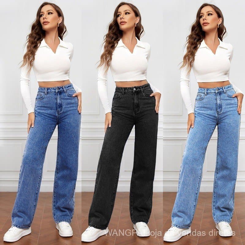 Calças Jeans Femininas de Cintura Alta, Cor Sólida, Corte Reto e Comprido