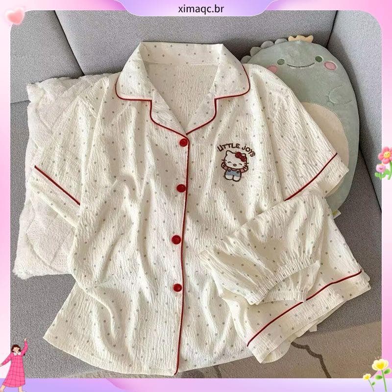 Hello Kitty Shorts Manga Curta Nuvem Algodão Verão Macio Confortável Pijama Meninas Estilo Doce Terno Infantil Homewear