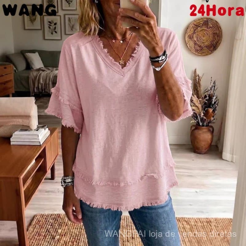 Camisa Feminina Solta de Cor Sólida com Decote em V e Manga Curta