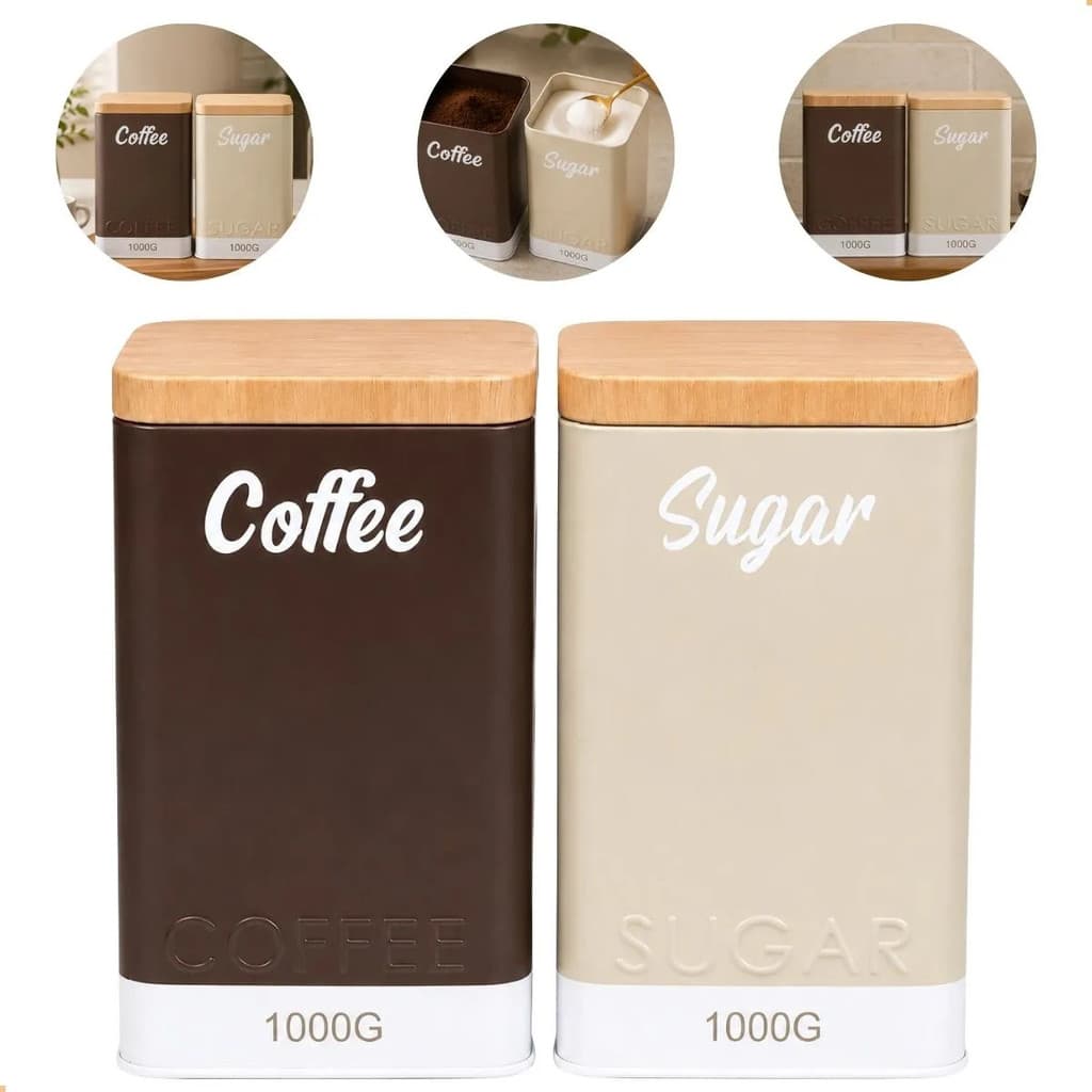 Kit 2 Latas Porta Mantimentos Café E Açúcar Metal Pote Luxo Marrom E Creme 1000g