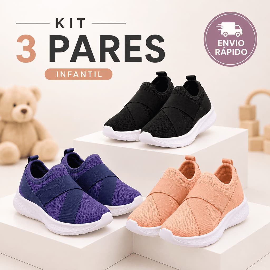 Kit 3 Pares Tênis Meia Infantil Casual Escolar Leve Macio Respirável Calce Fácil Confortável Sapato