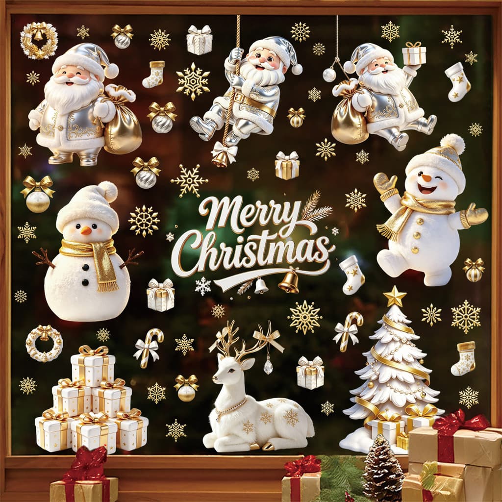 Adesivos de Natal 3D Platinum Santa Boneco de neve Sinos de janela Decorações de vidro de árvore de Natal Adesivos de ja