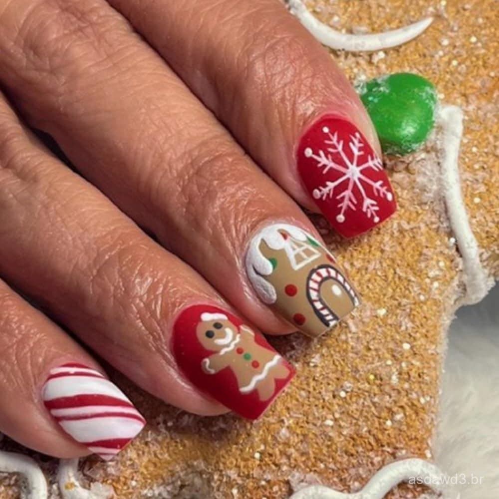 Unhas Postiças Curtas Quadradas de Natal, com Padrões de Boneco de Gengibre e Floco de Neve, Unhas Postiças Vermelhas Ad