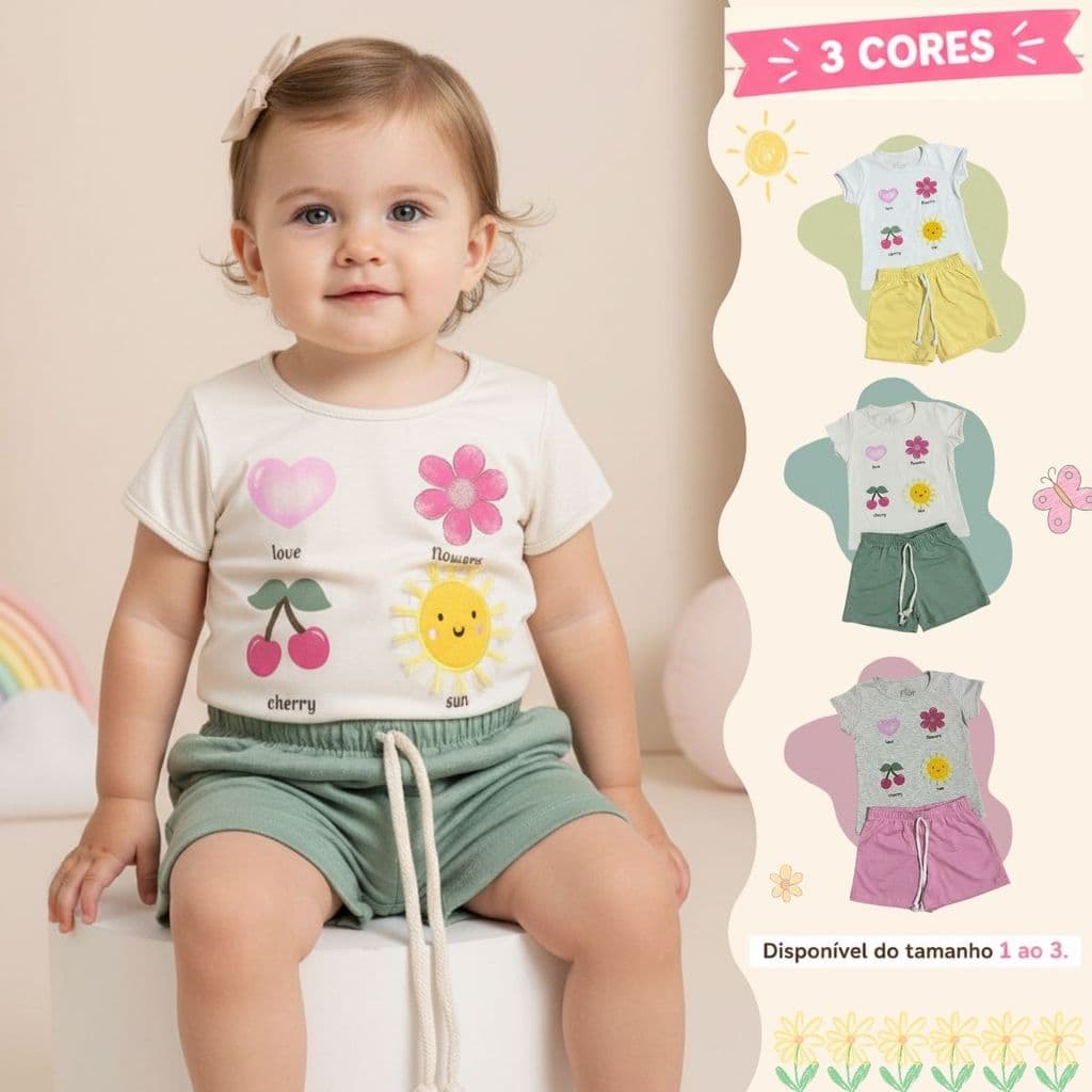 Conjunto Bebê Infantil Menina Blusa Shorts Casual Roupa Estampada Moda Verão Passeio Confortável