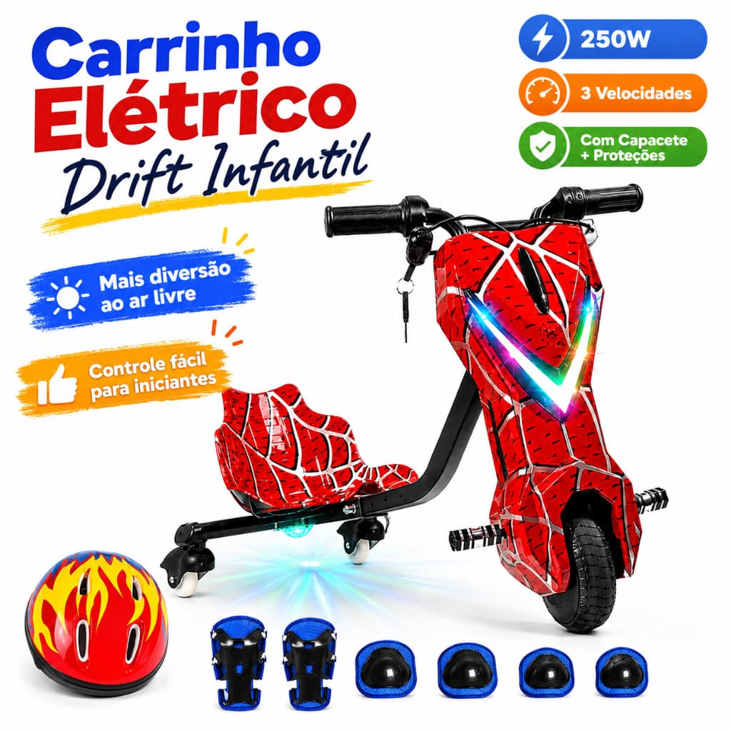 Triciclo Elétrico Drift Infantil 8 Polegadas Bluetooth LED com Mola + Capacete + Kit de Proteção